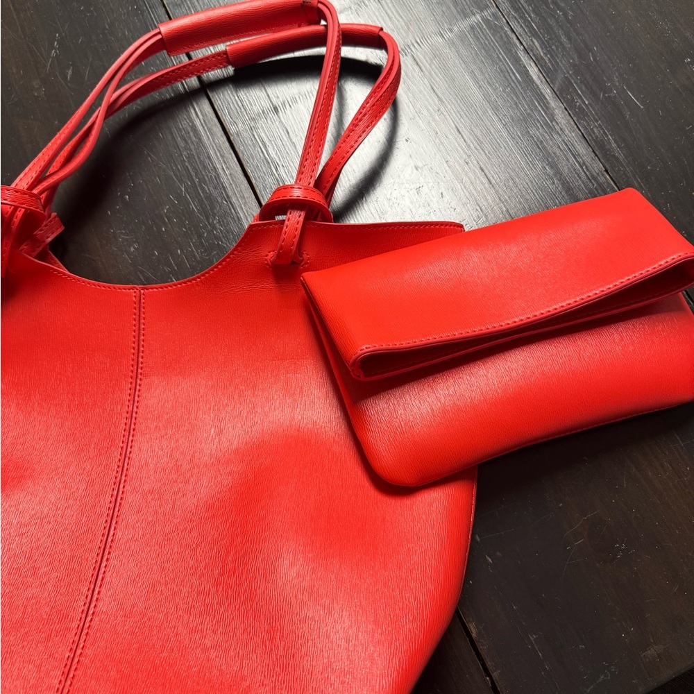 Neiman Marcus Bright Red Open-Top Tote with Double Straps and make up pouch!! - Picture 12 of 13